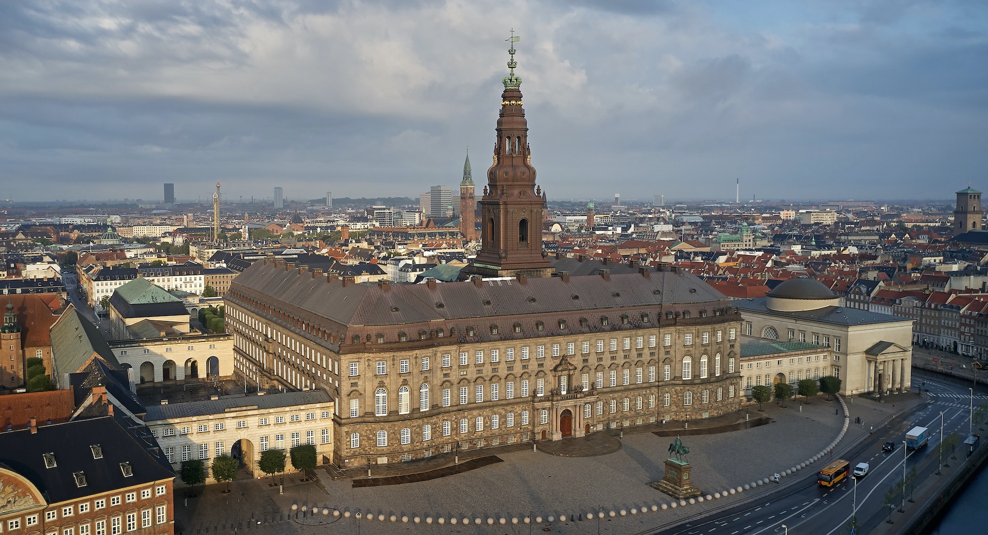 Aerial view of Christiansborg Palace in morning sun, Denmark