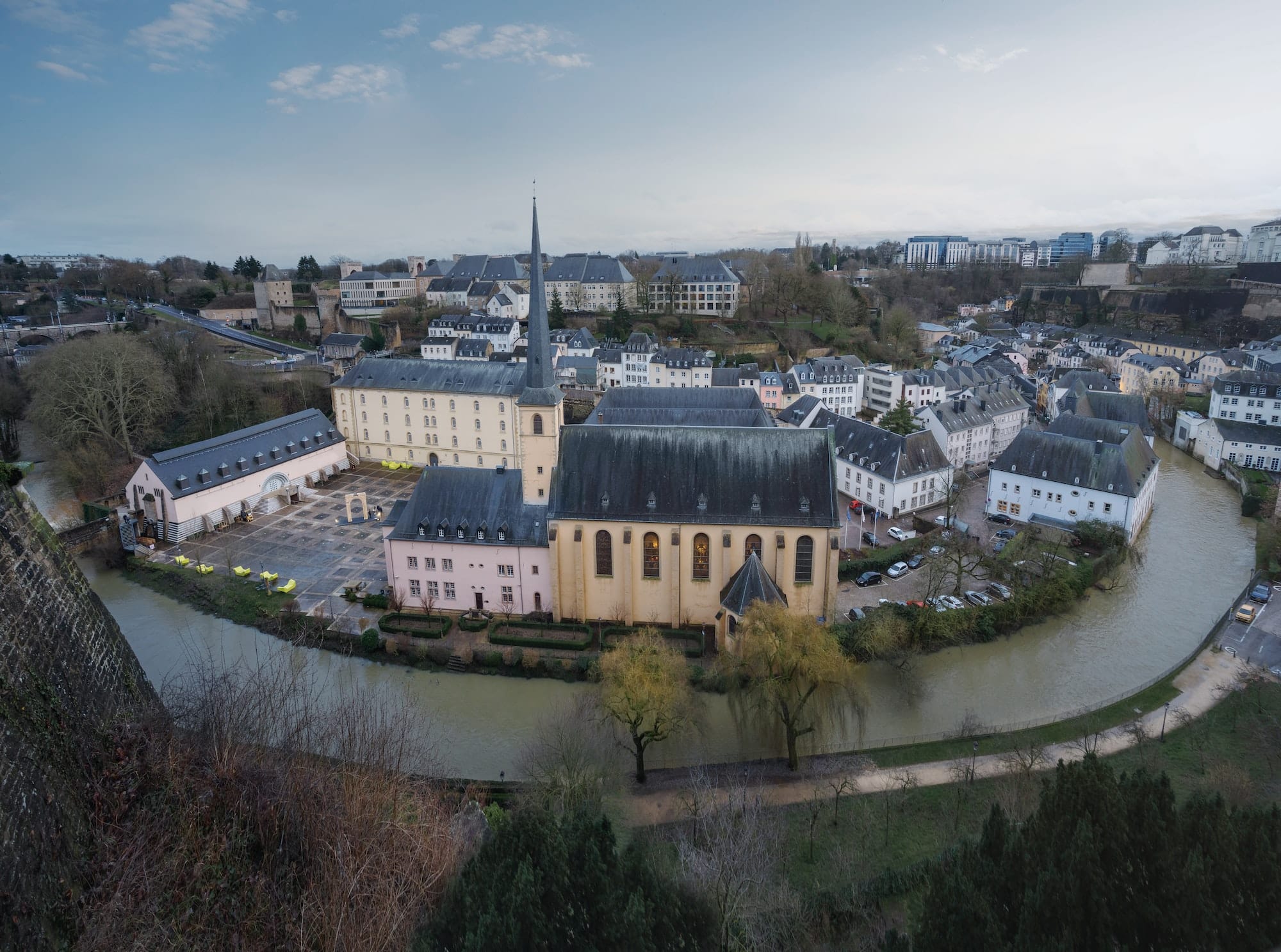 Aerial view of The Grund with Neumunster Abbey and Alzette River - Luxembourg City, Luxembourg
