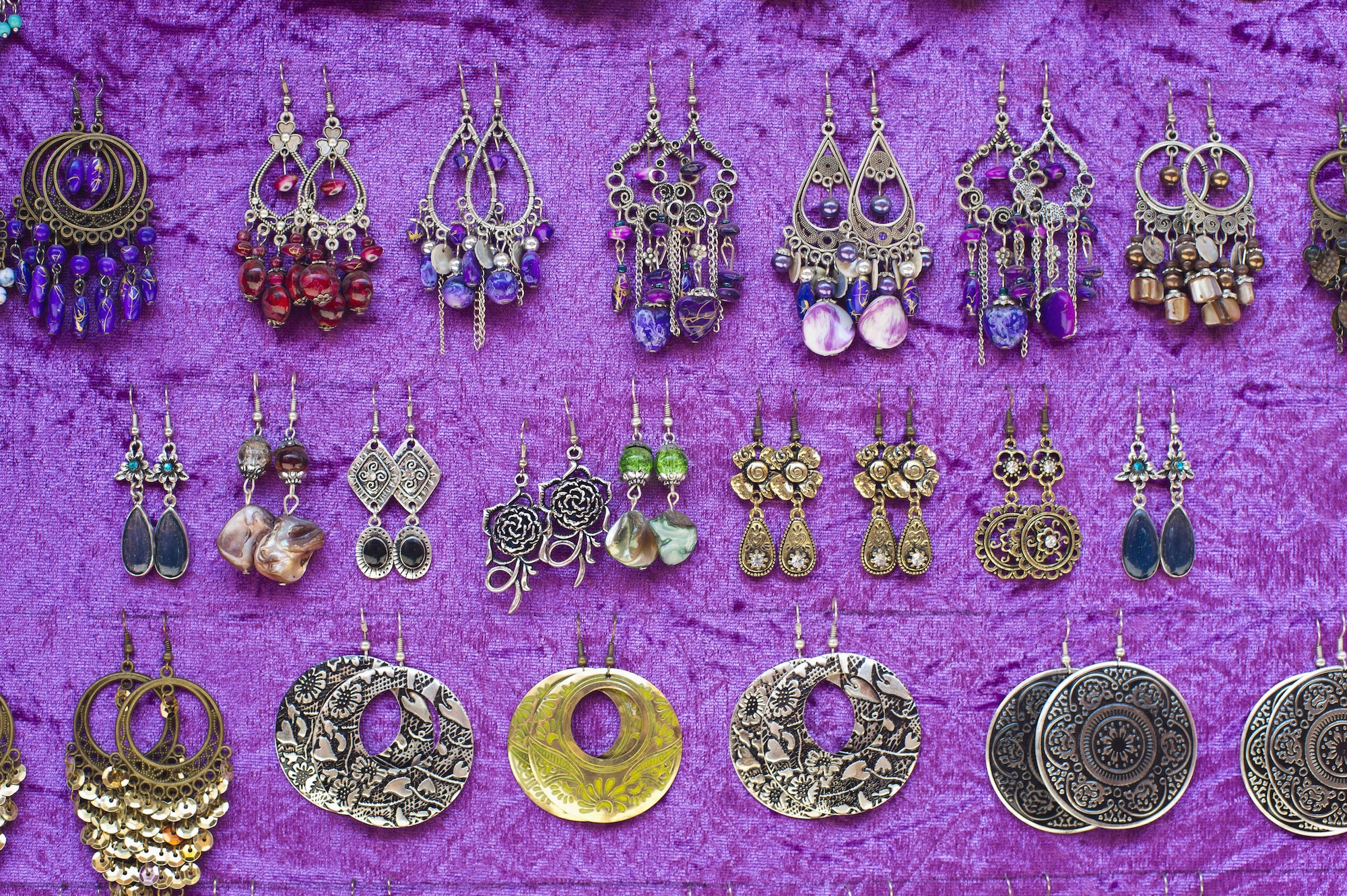 Earrings for sale in souks in Marrakech old Medina, Place Djemaa El Fna Square, Morocco, North Afric