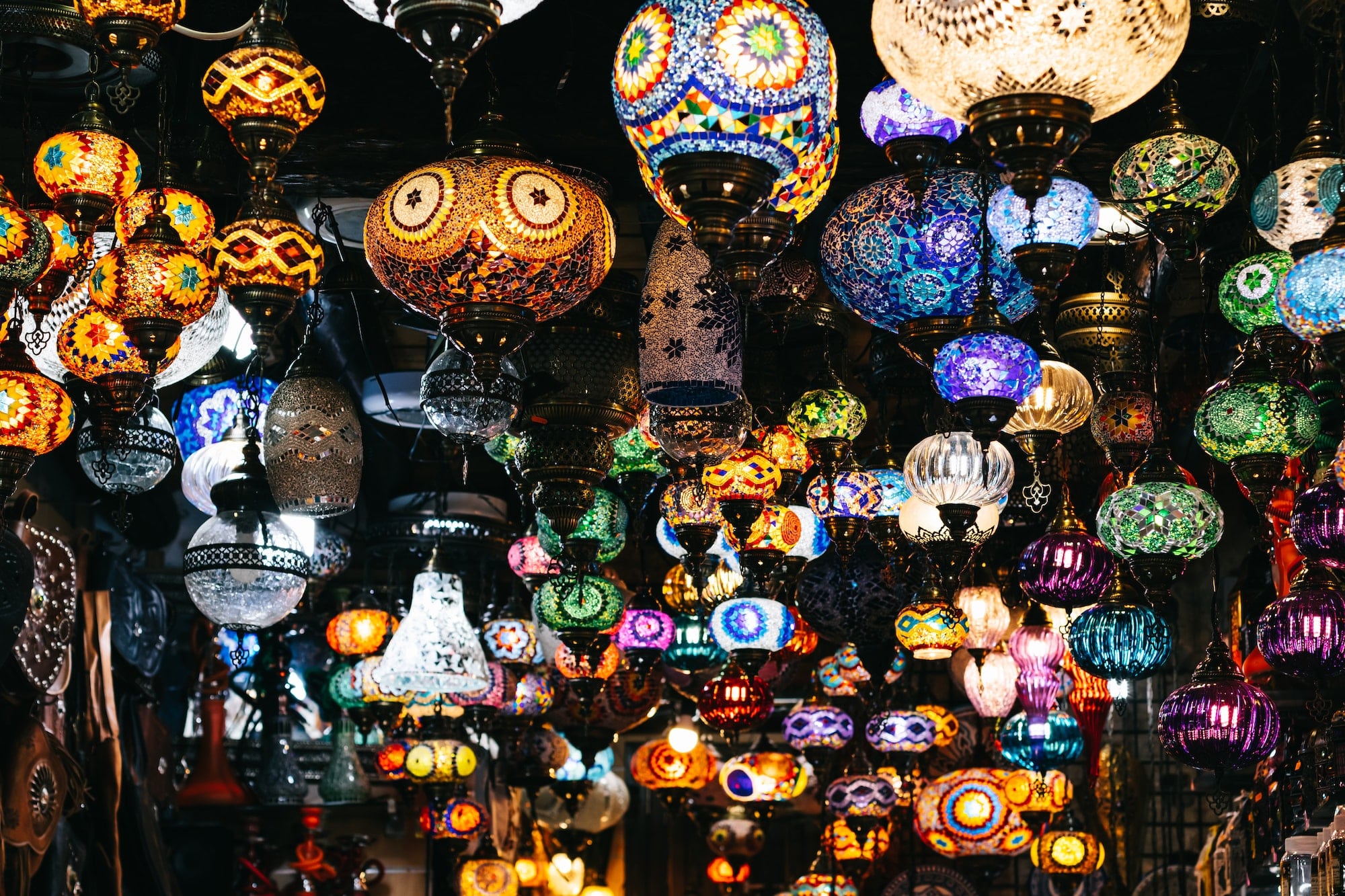 Moroccan or Turkish mosaic lamps and lanterns background; selective focus