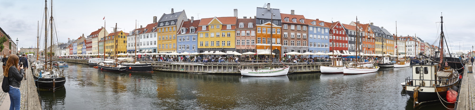 Panoramic view facades in Copenhagen city center. Nyhavn area. Denmark