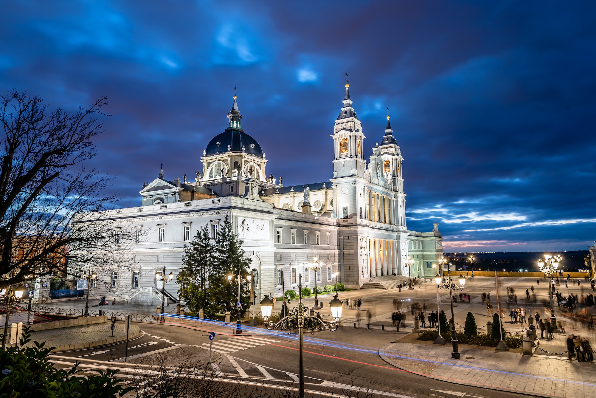 Scenic view of cathedral of Madrid at dusk