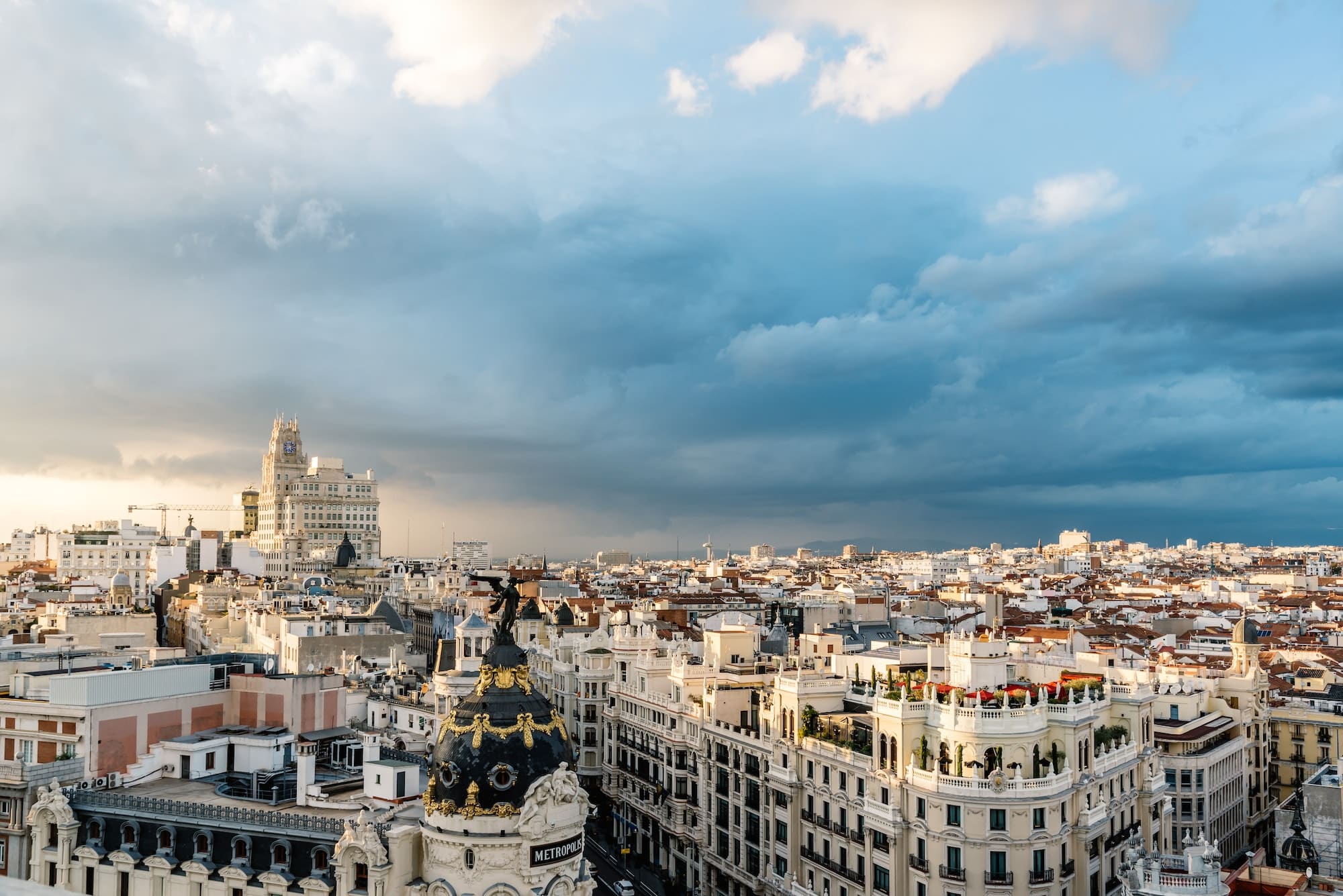 Skyline of Madrid city centre from Circulo de Bellas Artes rooftop, Spain.