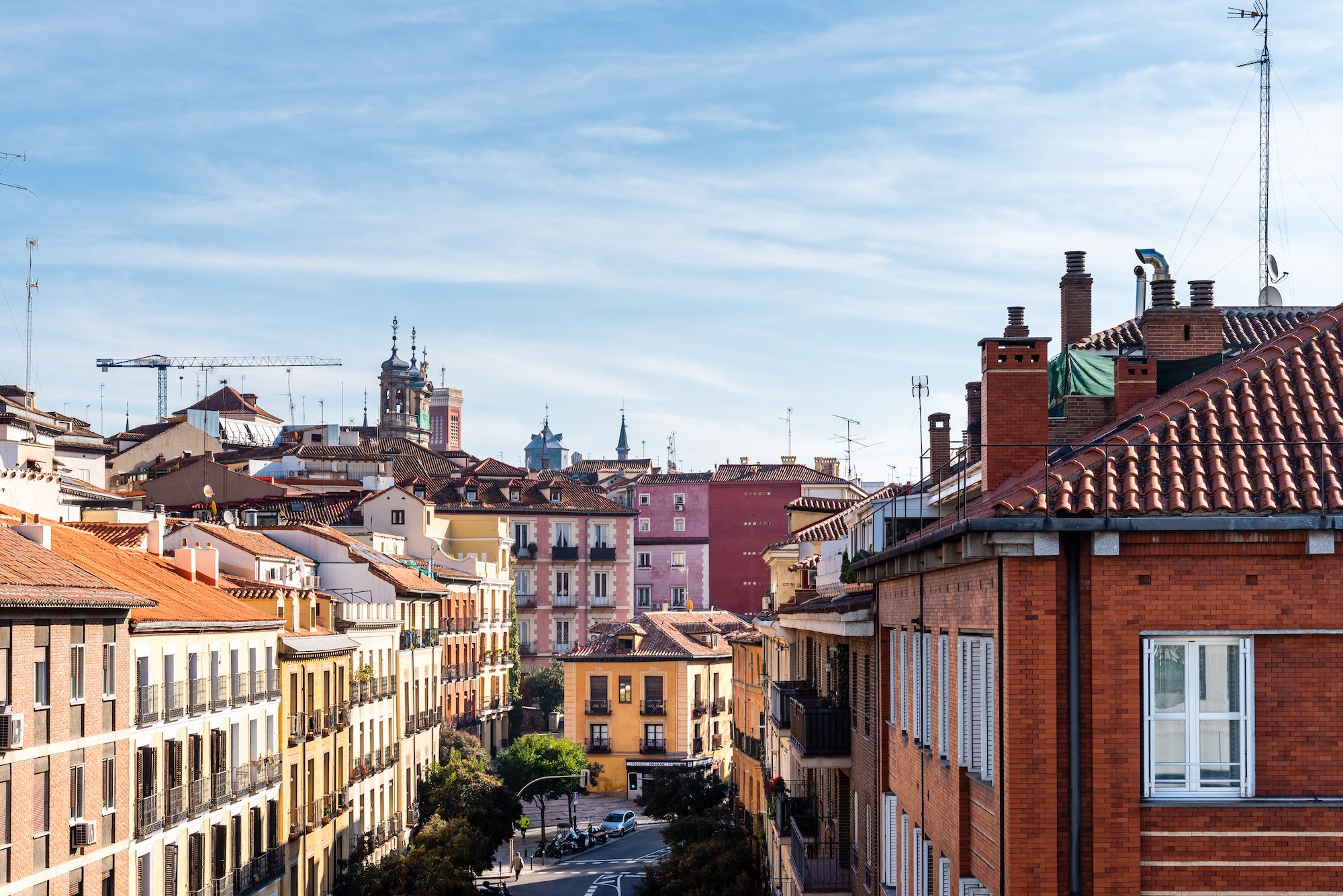 View of historical cityscape of Madrid and Segovia Street